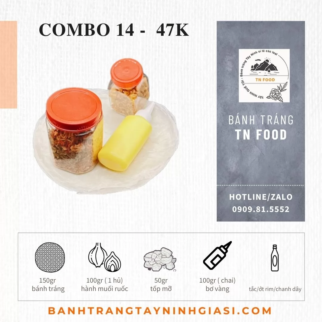 Combo 14 Bánh tráng gạo bơ muối ruốc hành phi, sốt, tốp mỡ